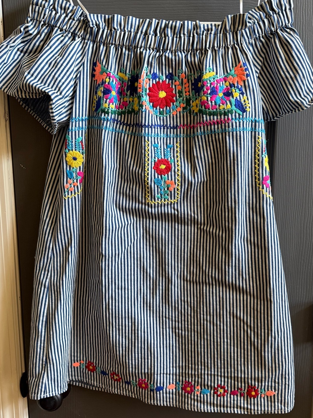 Karlie Embroidered Off The Shoulder Striped Dress Boho Folk Art Blue White